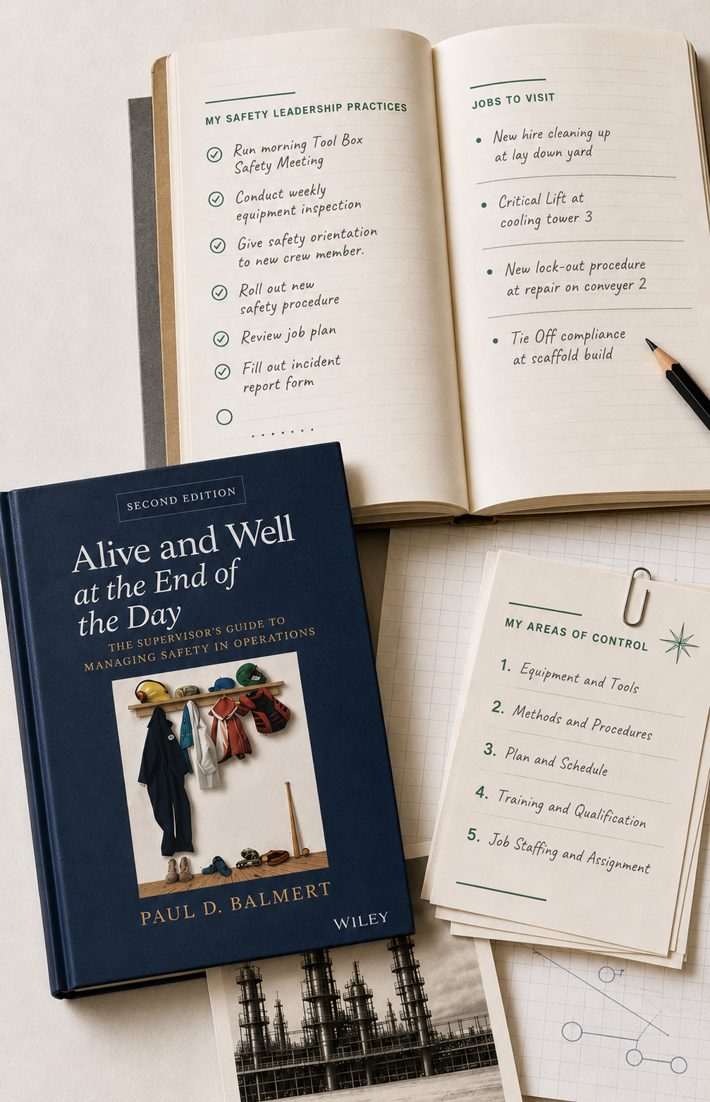 Editorial collage of Managing Safety Performance notebook materials